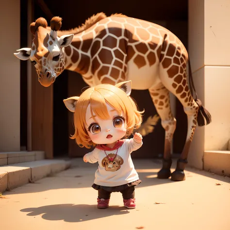 (Best Quality), (masutepiece), Charming chibi animation of cute baby with giraffe-like face, (Chibi 3D): 1.3, (A detailed face:1.2), (Standing posture:1.1), Randomly generated Background,Jumping