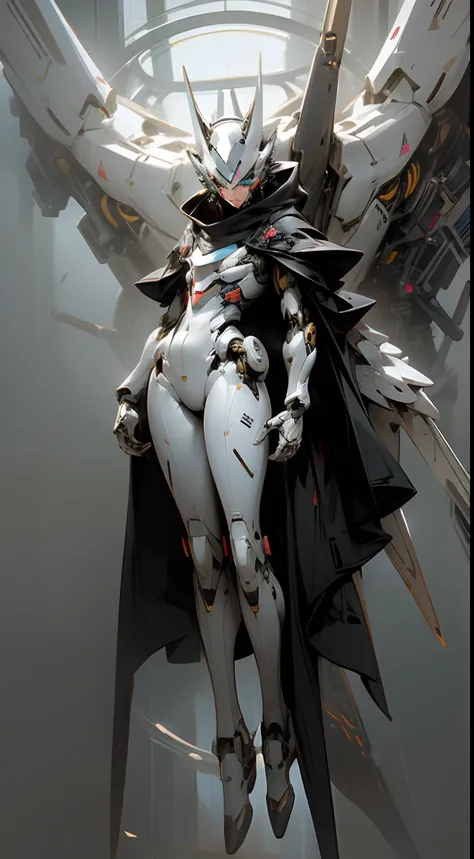 full body shot, hyper realistic, white celestial catwoman mecha bot, wearing minimalist angular mecha gundam mask, wearing cybernetic techwear cloak, with gigantic mechanical Additional Booster wings, sleek design, dark fantasy, futuristic environment, her...