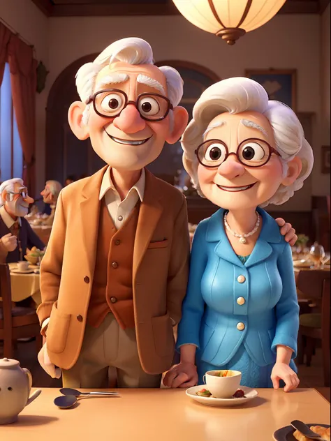 An award winning image of an adorable smiling old couple, dining in a fancy restaurant, in the style of Aardman Animations, Arthur Boyd, Picasso, 3d rendered, soft lighting