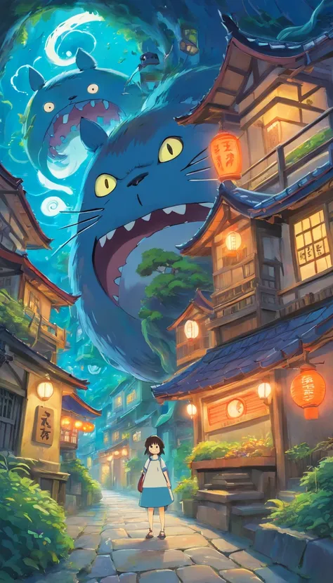 Tentacle horror AI ancient town totoro