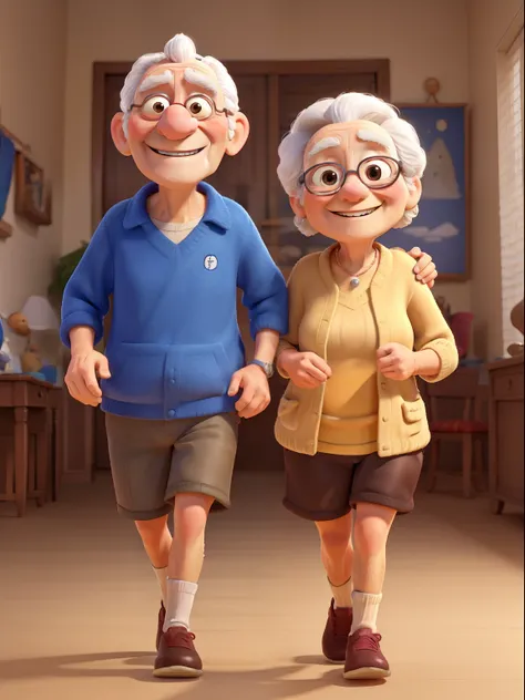 An award winning image of an adorable smiling old couple, running a marathon, in the style of Aardman Animations, Arthur Boyd, Picasso, 3d rendered, soft lighting