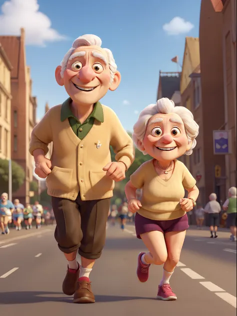 An award winning image of an adorable smiling old couple, running a street marathon, in the style of Aardman Animations, Arthur Boyd, Picasso, 3d rendered, soft lighting