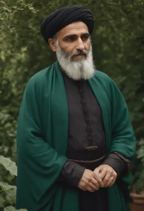 Omar Khayyam, Persian sings, philosopher, reads poetry, in dark green clothes, in the garden