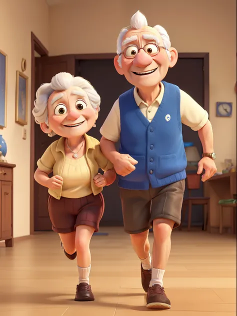 An award winning image of an adorable smiling old couple, running a marathon, in the style of Aardman Animations, Arthur Boyd, Picasso, 3d rendered, soft lighting