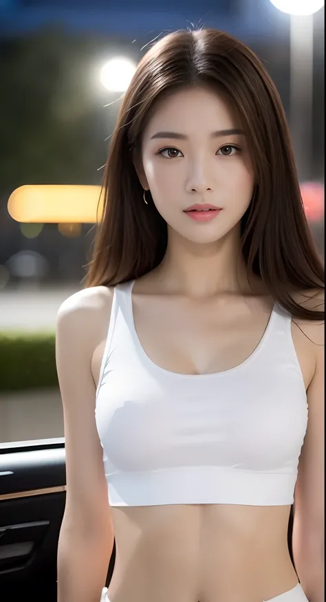 ((Realistic lighting、top-quality、8K、​masterpiece:1.3))、Clear Focus:1.2、1girl in、flawless beauty:1.4、Slim abs:1.1、((dark brown  hair))、(White crop top:1.4)、(outside of house、natta:1.1)、Park View、Superfine Face、Narrow-eyed、二重まぶた、huge tit:1.2