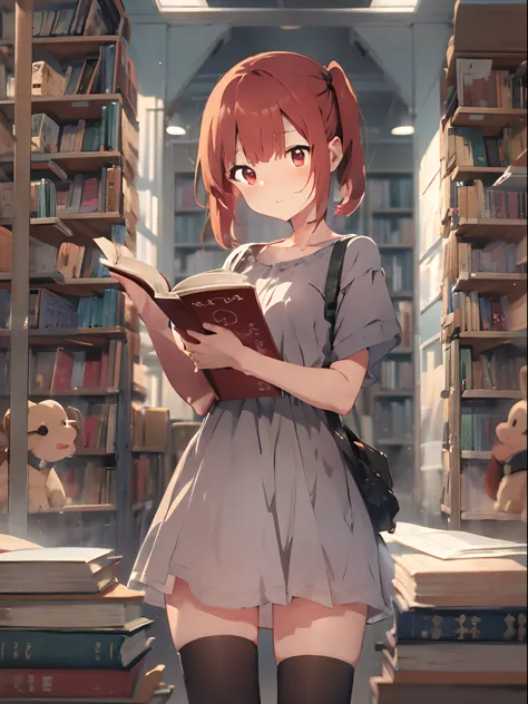 Anime Style, Short Red hair Girls With Middle Parted Hair And Pig tail, Red Eyes, Expresive eyes, Wearing A dress, Holding A Book With Pose 3/4, Best Quality, Standing In Library Room, Beautiful face