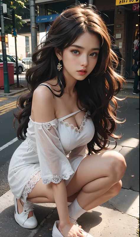 （the street：1 girl with brown hair，Stand up，One word step+）， tmasterpiece， best qualtiy， RAW photogr， realisticlying， the face， Incredibly Ridiculous res，， ear studs， (Flowing brown extra-long curls)，eye shadows，(White off-the-shoulder over-the-knee dress)...