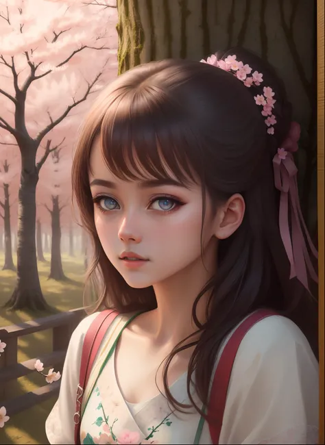 {best quality},{masterpiece},beautiful detailed sky,beautiful detailed eyes,1girl,shadow,forest,cherry_blossoms,,small_breasts,{photorealistic},{painting},extremely detailed#