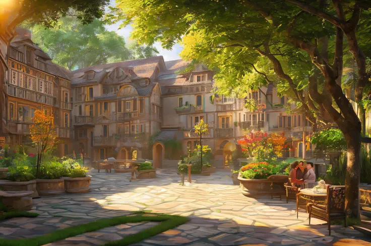 Generate an incredibly detailed and realistic image that brings to life the following scene: Imagine a picturesque courtyard basking in the gentle embrace of sunlight. The courtyard should be adorned with lush, emerald-green grass and overgrown, vibrant fo...