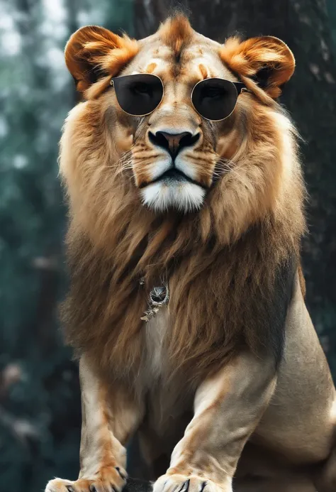 Perfect centralization, cute lion, Use uma jaqueta da equipe de estudantes, wearing sunglasses, Usando fones de ouvido, alegria, Standing position, beleza abstrata, Centrado, looking at the camera, Facing the camera, nearing perfection, Dynamic, altamente ...