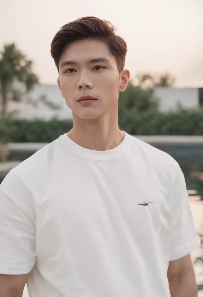 Arafeld man in white shirt standing in front of the pool, a picture by Ren Renfa, Tumblr, neo-dada, Medium portrait, white trendy clothes, outlive streetwear collection, white t - shirt, White T-shirt, Male ulzzang, young man with short, hyung tae, mid sho...