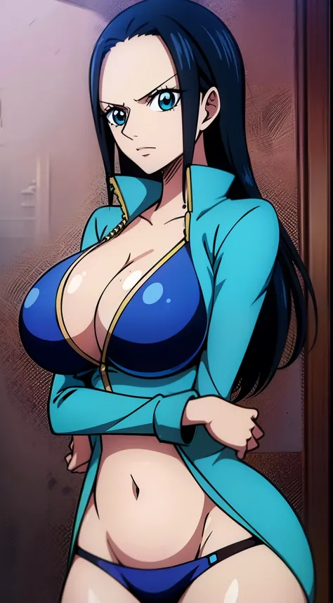 Nico Robin One Piece, 8k, Perfect quality eyes Blue eyes Nico Robin, 1girl, aqua eyes, Black hair,  massive breasts