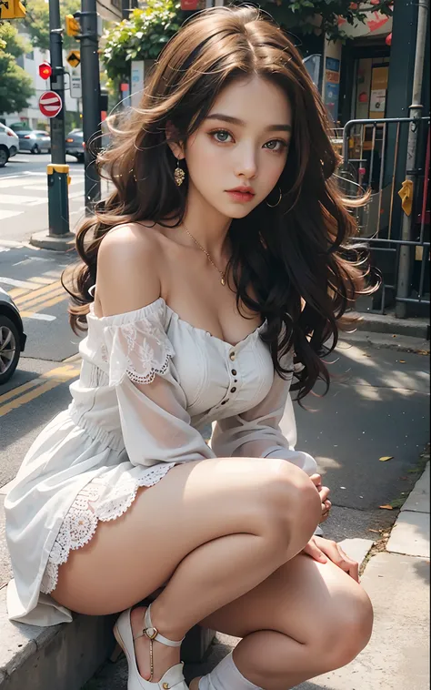 （the street：1 girl with brown hair，Stand up，One word step+）， tmasterpiece， best qualtiy， RAW photogr， realisticlying， the face， Incredibly Ridiculous res，， ear studs， (Flowing brown extra-long curls)，eye shadows，(White off-the-shoulder over-the-knee dress)...