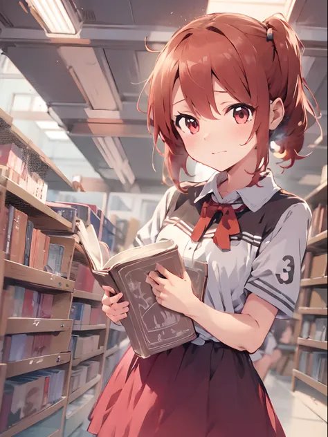 Anime Style, Short Red hair Girls With Middle Parted Hair And Pig tail, Red Eyes, Expresive eyes, Wearing A dress, Holding A Book With Pose 3/4, Best Quality, Standing In Library Room, Beautiful face