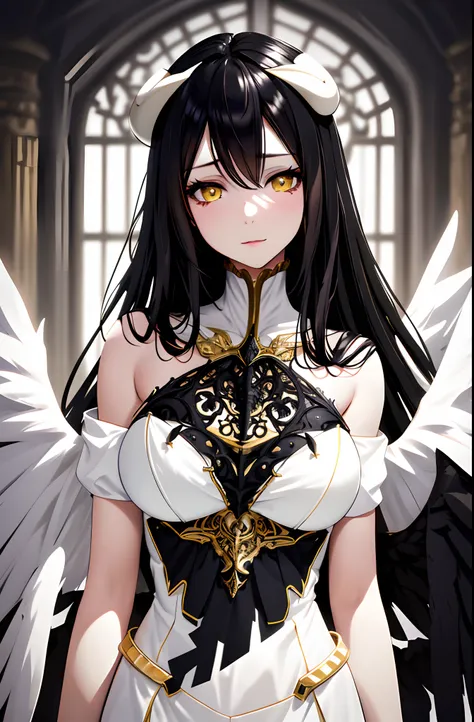 a high resolution, sharp focus, pixiv masterpiece, ((intricate details)), highly detailed, 1girll, black wings, gold-white dress...