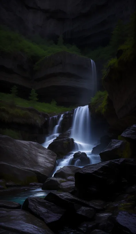 There is a waterfall cascading down a rocky mountain, Solitude under the waterfall, waterfall below, waterfall in background, waterfall flowing from the stone, chriss foss, waterfallr, under waterfall, under waterfall, (waterfallr), in a cave with the wate...