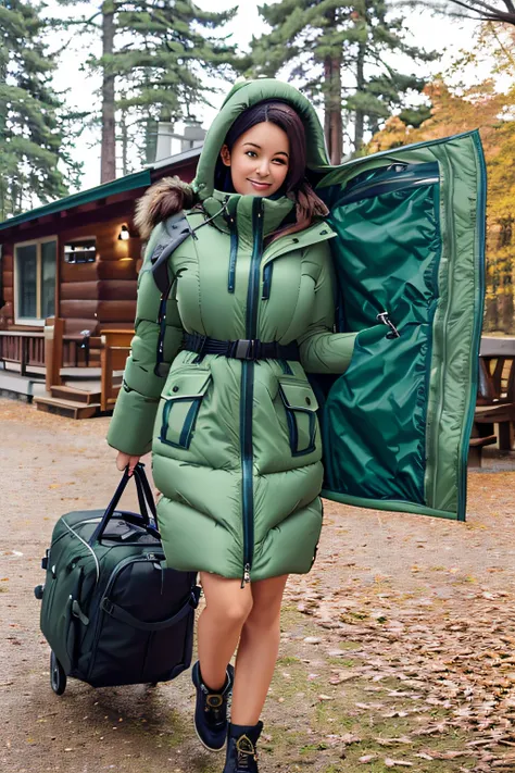 Make a woman with big breast, Green long winterjacket , with open zipper, with face, body, Lakeside house, travel bag, dog, Nude