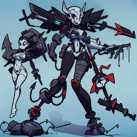 simple background, full body of 1girl, solo, mechanical limbs, glowing eyes, gray skin, female spawn by toddmcfarlane(cosplay), very sexy toon, (Punk Rock Necromancer Mecha), Decked out in leather, bikini, spikes, and chains, this mecha has a rebellious ed...