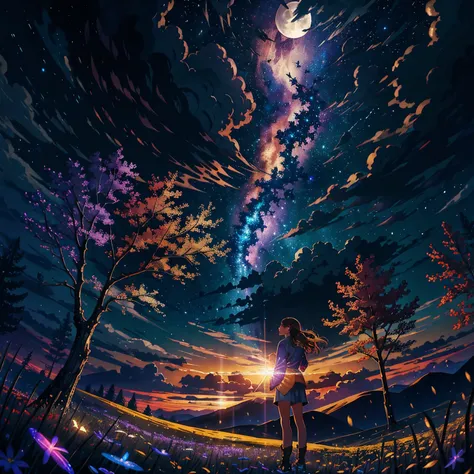 expansive landscape photograph , (a view from below that shows sky above and open field below), a girl standing on flower field looking up, (full moon:1.2), ( shooting stars:1.0), (nebula:1.2), distant mountain, tree BREAK
production art, (warm light sourc...