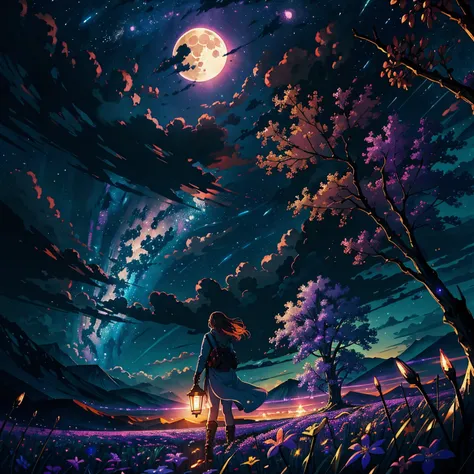 expansive landscape photograph , (a view from below that shows sky above and open field below), a girl standing on flower field looking up, (full moon:1.2), ( shooting stars:1.0), (nebula:1.2), distant mountain, tree BREAK
production art, (warm light sourc...