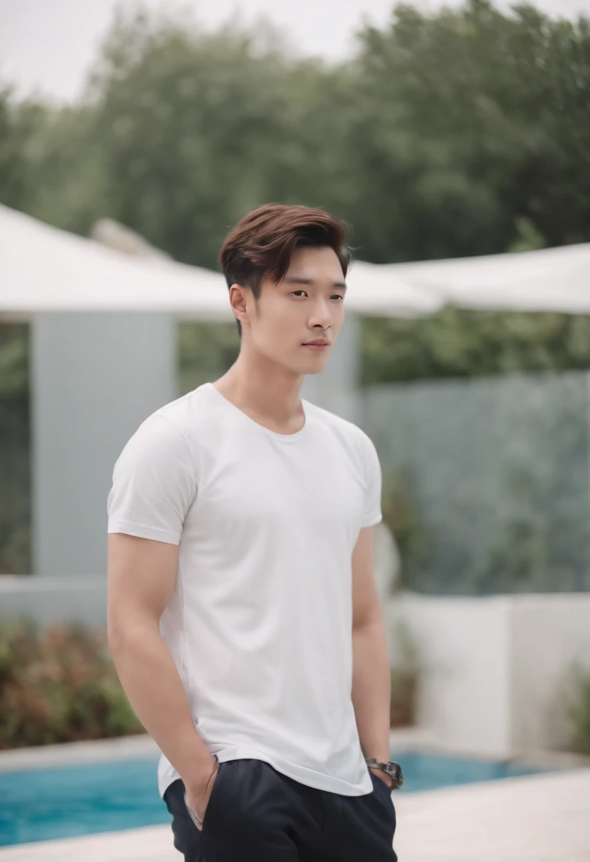 Handsome man in white shirt standing in front of swimming pool,Faraway view,in a panoramic view，whitet-shirt, White T-shirt, Distant portrait, casual streetwear, Short sleeves，Xiao Zhan，Hand pockets