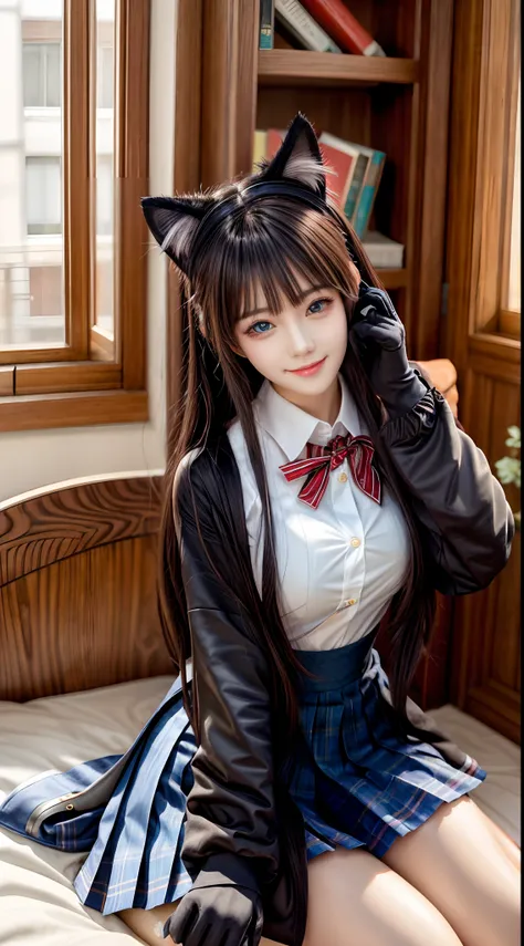 (masterpiece, best quality), 1 beautiful girl, cat ears, smile, slim body, (school uniform:1.1), (detailed beautiful eyes), paw gloves, bedroom, indoors,