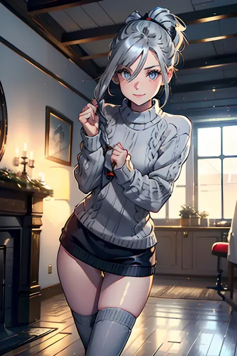 Girl in stockings,German,European,Slavic,Sexy,((Skinny)) sporty figure,((Dressed in a New Years sweater)), But the stocking is visible,(hairstyle: high ponytail) Looks with love,Smiling,Love,gray hair color,(Skinny Legs)Against the backdrop of a cozy home,