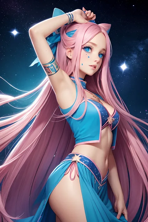 Pink long hair, blue eyes, blue star on the left cheek, singing girl