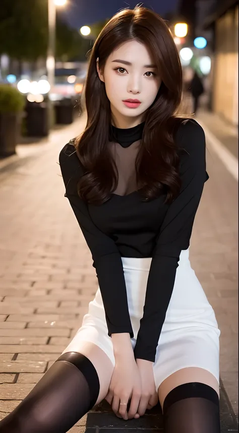 ((Realistic lighting, Best quality, 8K, Masterpiece: 1.3)), Clear focus: 1.2, 1girl, Perfect body beauty: 1.4, Slim abs: 1.1, ((dark brown hair)), (White dress: 1.4), (Outdoor, night: 1.1), City Street, Super Fine Face, Fine Eyes, Double Eyelids, (Over the...