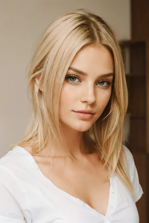 Realistic blond hair beautiful white shirt sexy women