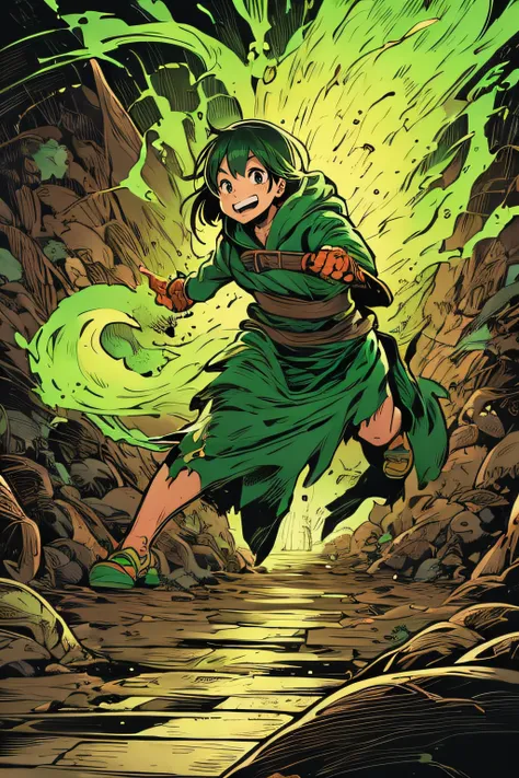 Little bandit girl running through hell、Green costume、Green and yellow flame