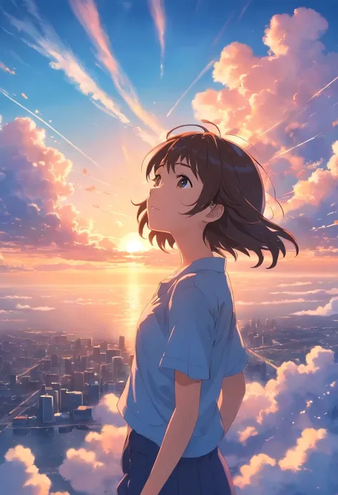 masterpiece, best quality, movie still, 1girl, cloud girl, floating in the sky, close-up, bright, happy, warm soft lighting, sunset, (sparks:0.7)