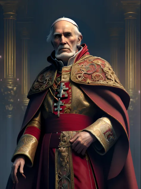 Solo, full-body photo, a low, tall old man (high cheekbones, gray eyebrows, deep eye sockets, few wrinkles, pointed beard, wearing red and golden mage robes, draped in dark red cloak, head wearing a popes ornate hat, holding a golden staff, pale skin), sta...