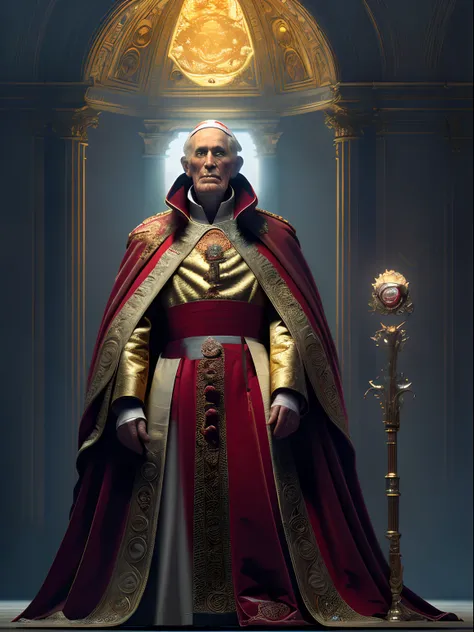 Solo, full-body photo, a low, tall old man (high cheekbones, gray eyebrows, deep eye sockets, few wrinkles, pointed beard, wearing red and golden mage robes, draped in dark red cloak, head wearing a popes ornate hat, holding a golden staff, pale skin), sta...