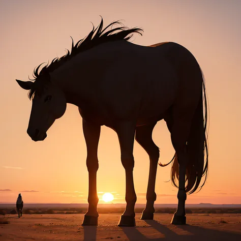 an old lame horse walking slowly into the sunset in the Texas desert