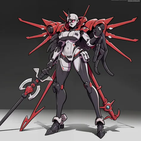 simple background, full body of 1girl, solo, mechanical limbs, glowing eyes, gray skin, female spawn by toddmcfarlane(cosplay), very sexy toon, (Punk Rock Necromancer Mecha), Decked out in leather, bikini, spikes, and chains, this mecha has a rebellious ed...