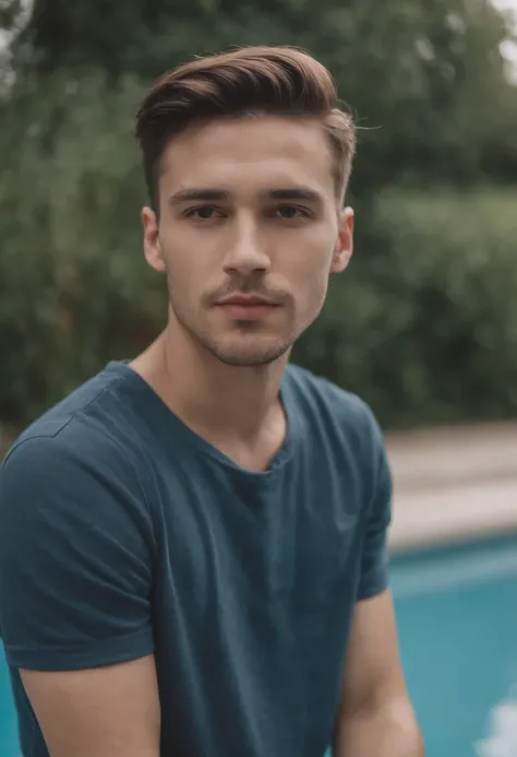 Handsome man in front of the pool，pupils，hip-hop style， Distant portrait, casual streetwear, Short sleeves，Hand pockets，ultra-wide-angle