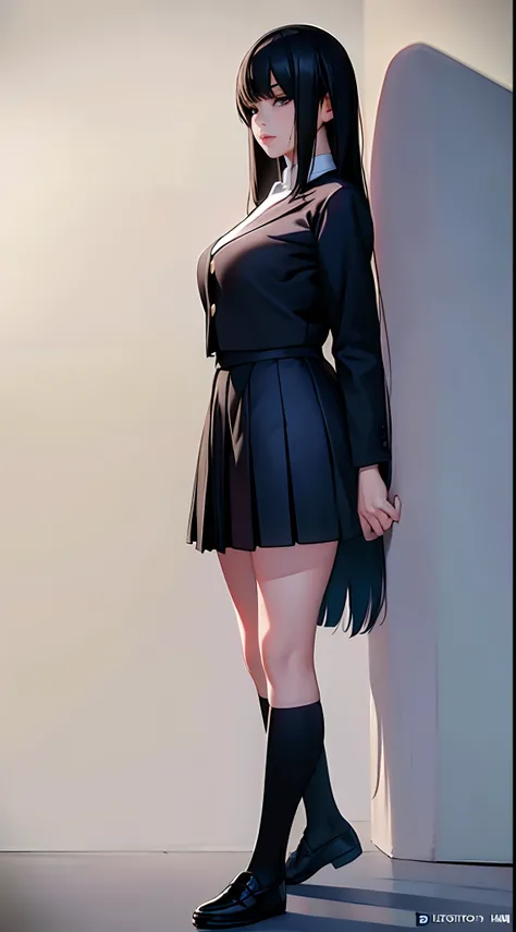 ((masterpiece, best_quality)), 1girl, (photorealistic:1.4),  solo, white_background, black_hair, long_hair,   zettai_ryouiki, skirt, ((full_body)),