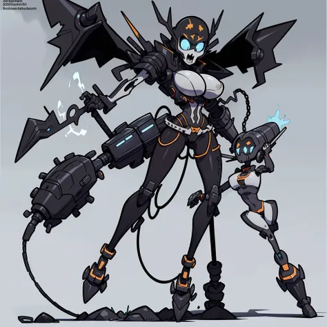 simple background, full body of 1girl, solo, mechanical limbs, glowing eyes, gray skin, female spawn by toddmcfarlane(cosplay), very sexy toon, (Punk Rock Necromancer Mecha), Decked out in leather, bikini, spikes, and chains, this mecha has a rebellious ed...