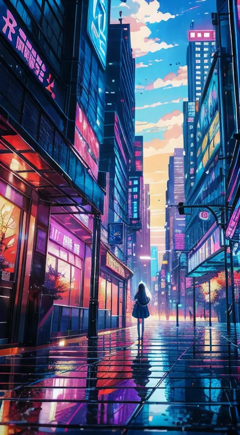 futural Anime girl standing in big city looking at rainbow sky,Near Future City、 Hayao Miyazaki cyril rolando, anime art wallpaper 32k, anime art wallpaper 32k, Anime art wallpaper 8k, inspired by Cyril Rolando, in the style dan mumford artwork, amazing wa...