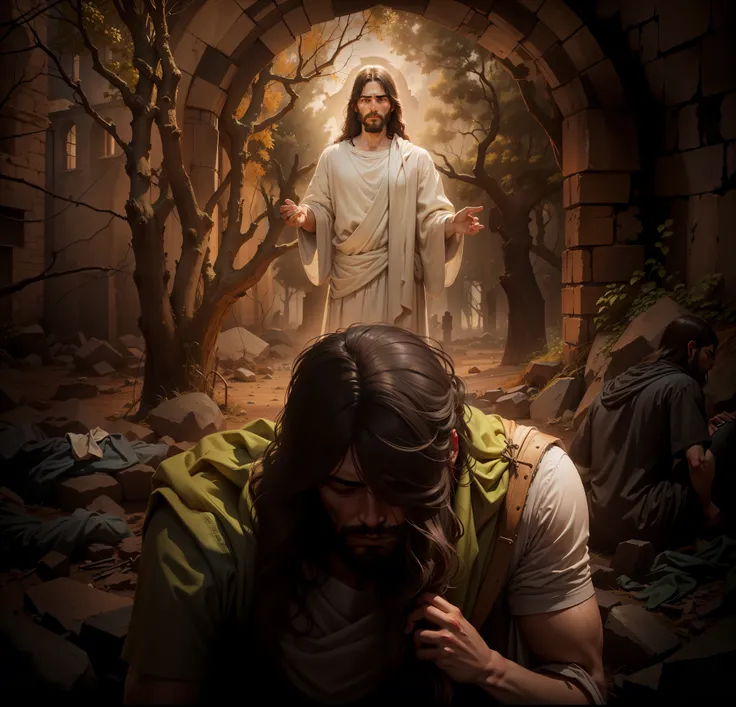 In the background Jesus Christ and in front of him a weeping man.