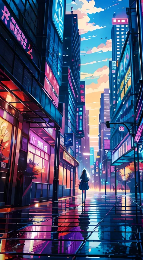 futural Anime girl standing in big city looking at rainbow sky,Near Future City、 Hayao Miyazaki cyril rolando, anime art wallpaper 32k, anime art wallpaper 32k, Anime art wallpaper 8k, inspired by Cyril Rolando, in the style dan mumford artwork, amazing wa...