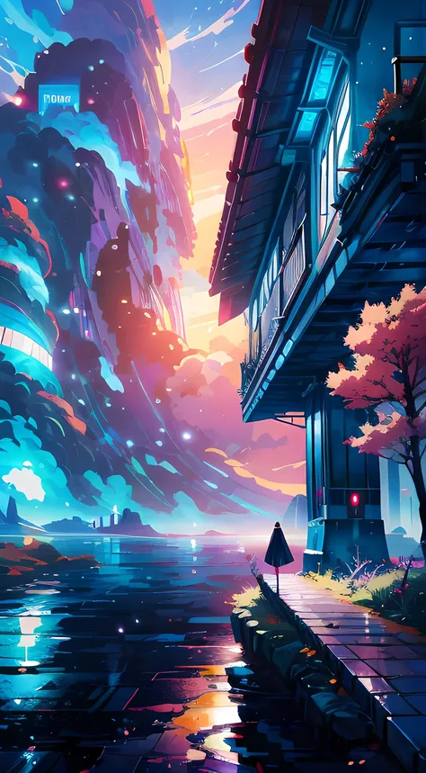 futural Anime girl standing in big city looking at rainbow sky,Near Future City、 Hayao Miyazaki cyril rolando, anime art wallpaper 32k, anime art wallpaper 32k, Anime art wallpaper 8k, inspired by Cyril Rolando, in the style dan mumford artwork, amazing wa...