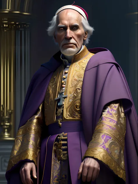 Solo, full-body photo, a low, tall old man (high cheekbones, gray eyebrows, deep eye sockets, few wrinkles, pointed beard, wearing purple and golden mage robes, draped in dark red cloak, head wearing a popes ornate hat, holding a golden staff, pale skin), ...