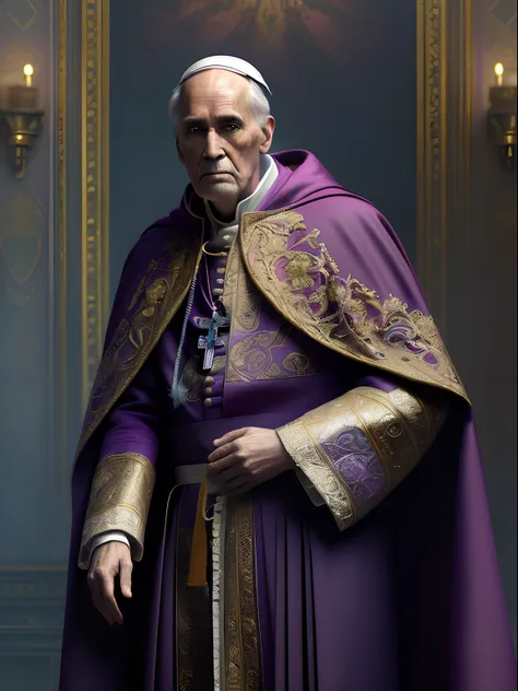 Solo, full-body photo, a low, tall old man (high cheekbones, gray eyebrows, deep eye sockets, few wrinkles, pointed beard, wearing purple and golden mage robes, draped in dark red cloak, head wearing a popes ornate hat, holding a golden staff, pale skin), ...