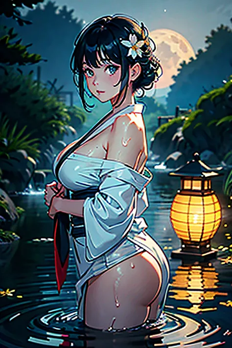 1girl, breasts, moon, lantern, night, solo, large breasts, hair ornament, wet, kimono, japanese clothes, wading, water, hair flower, flower, outdoors, sky, full moon, rain, black hair, off shoulder, mountain, cloud, holding, sash, bare shoulders, paper lan...