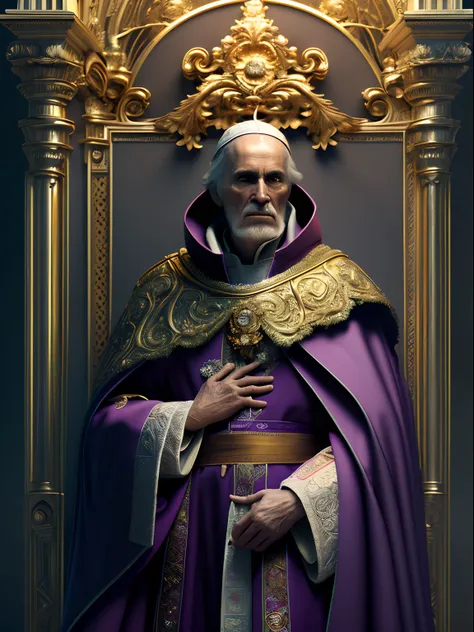 Solo, full-body photo, a low, tall old man (high cheekbones, gray eyebrows, deep eye sockets, few wrinkles, pointed beard, wearing purple and golden mage robes, draped in dark red cloak, head wearing a popes ornate hat, holding a golden staff, pale skin), ...