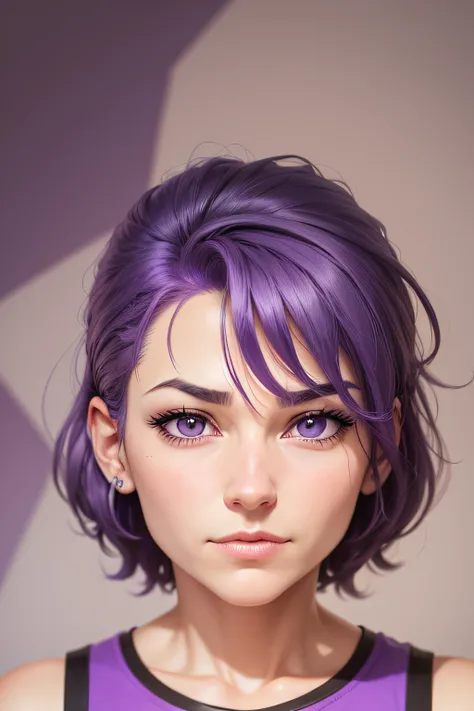 create a face of a cartoon character, approximately 30 years old, with purple hair, with a tired appearance