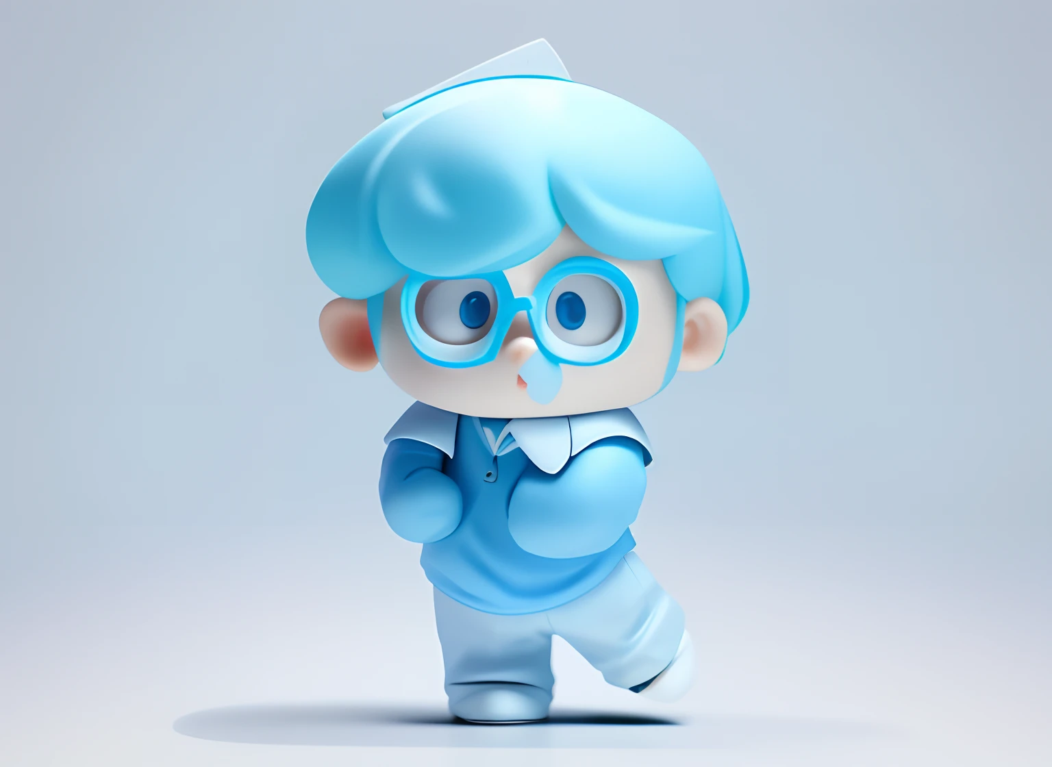 2.5D characters，Light blue haired little boy，wears glasses，