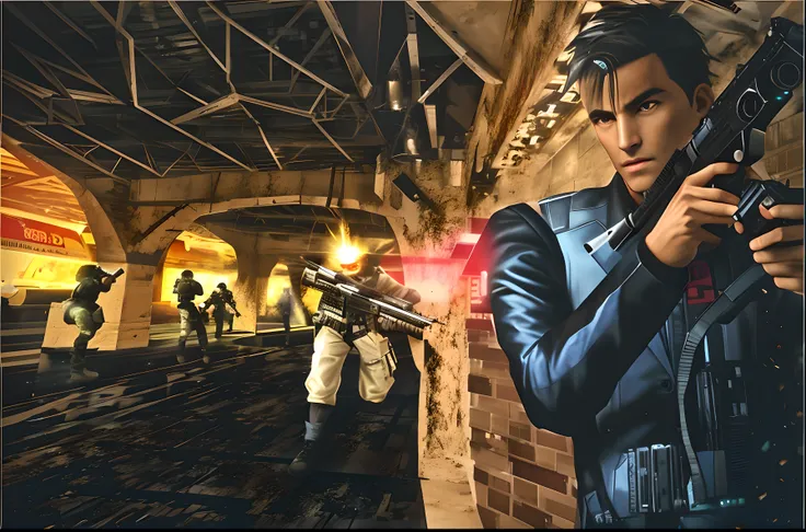 realisticlying，In the scene of the video game there is a man with a gun, twilight, fps shooter game, videogame screenshot, There are enemies in the scene, An enemy is shooting